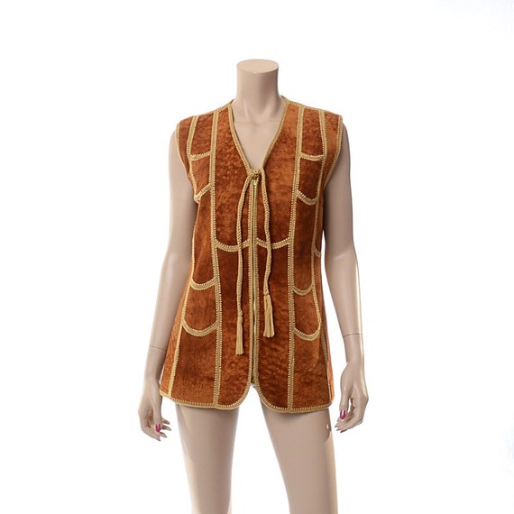 Vintage 60s 70s Suede Crochet Patchwork Knit Vest 1960s 1970s
