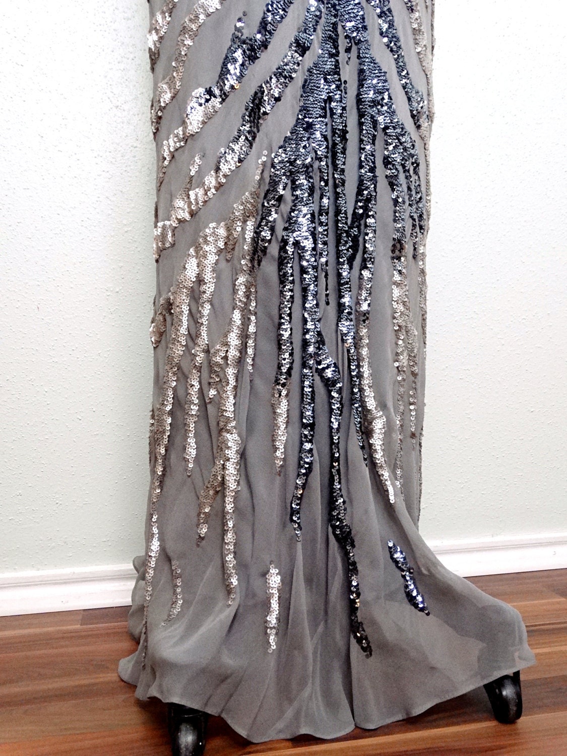 20's Inspired Sequined Gown by Sue Wong / Silver & Gray