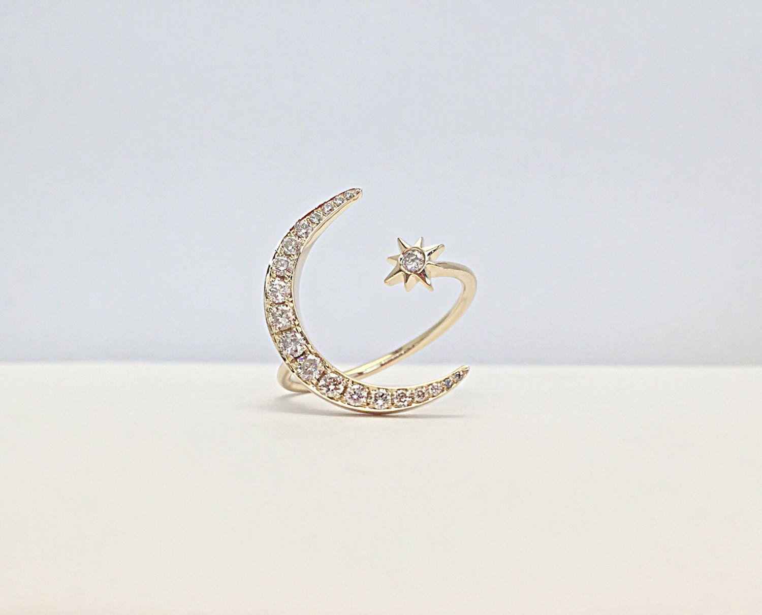 Diamond Crescent Moon and Star Ring