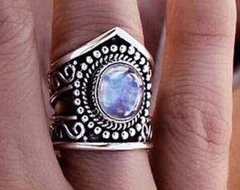 Rainbow Moonstone Ring, Boho Ring, Moon Ring, Gypsy Ring, Statement Rings, Solid 925 Sterling Silver Rings, Don Biu, Personalised, Gift