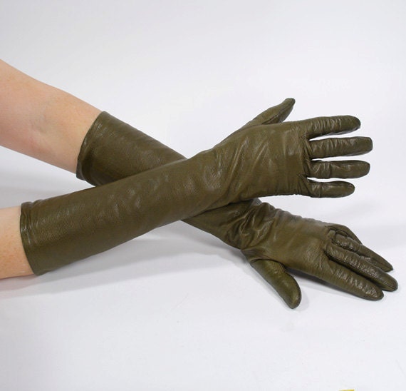 Vintage Women's Olive Green Gloves Ladies Long Dress