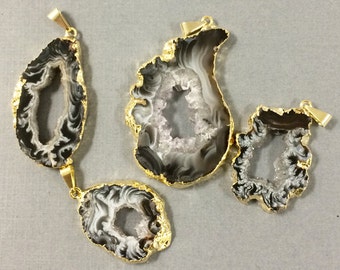 Druzzy Agate Geode Slice, gold edged druzy Druzzy slice pendant, Gold Edged Choose Color and Qty - DP8-Tan/Grey