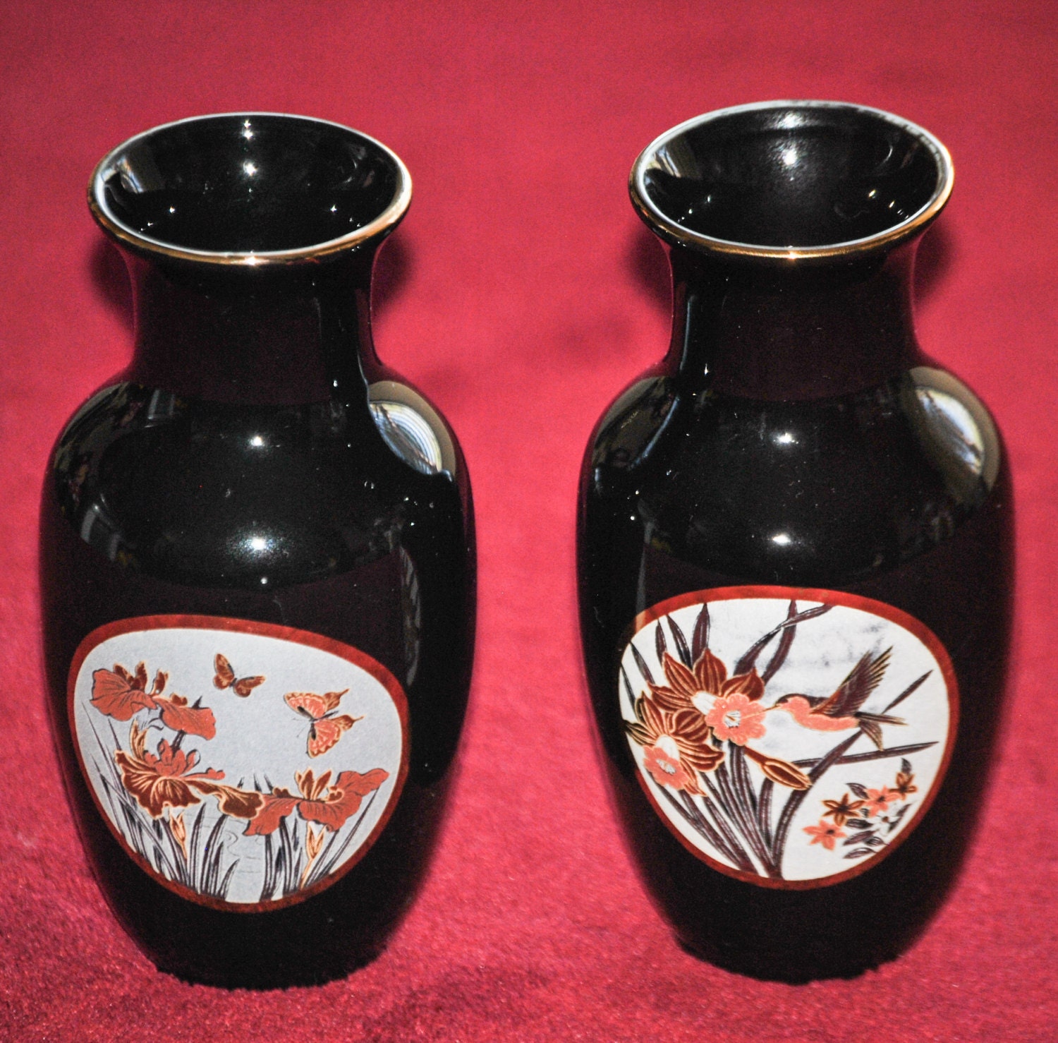 Two Vintage CHOKIN Black Japanese Bud Vases with Artwork