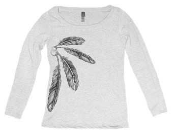 Women's Feather Tri Blend Long Sleeve Scoop Neck Hand Screen Print S,M,L,Xl 6 Colors