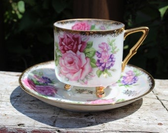 Vintage Royal Halsey bone china tea cup and saucer, pink and purple floral / flower lustreware cup saucer w/ gold rim, antique china cup set