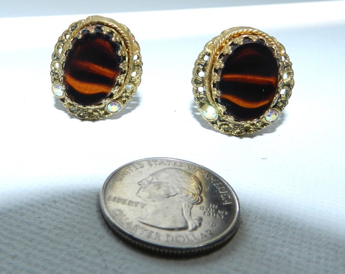 Vintage Western Germany Earrings, Filigree clip on earrings, Tiger's eye glass, Aurora Borealis, Autumn Color Jewelry