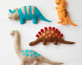 Felt Dinosaur Toys - Four handmade plush felt dinosaurs - Triceratops, T-Rex, Stegosaurus, Brontosaurus