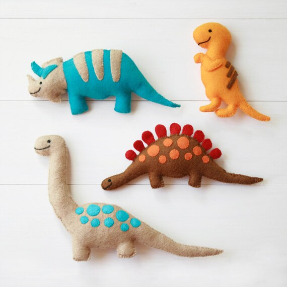 Happy Dinosaur Felt Toys - Four handmade soft plush dinos - Triceratops, T-Rex, Stegosaurus, Brontosaurus