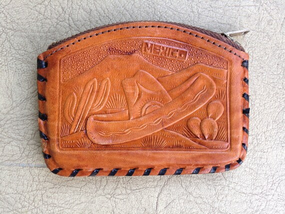 Vintage Mexican Tooled Leather Coin Purse Wallet