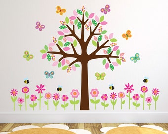 Tree With Flowers, Butterflies and Bees Wall Stickers, Girls Tree Wall Decals, Flower Wall Art - Removable and Repositionable - FA134