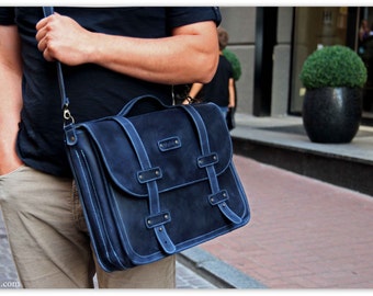 BLUE Leather briefcase messenger bag - Large computer case - Blue navy leather computer bag -Men's Bag -Leather satchel men-Personalization