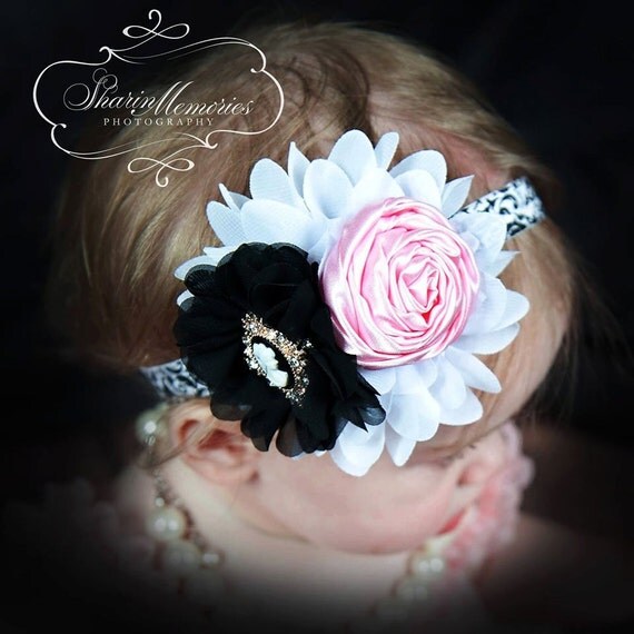 Damask Headband/Lt Pink Black White Headband/Baby