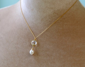 Gold bridal necklace pearl, crystal necklace, pearl drop necklace, bridal back drop necklace, bridal jewelry pearl - Bess