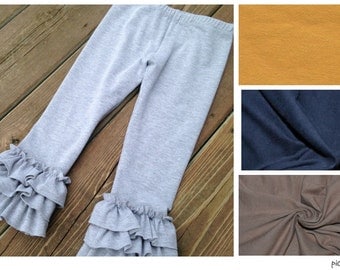 Ruffled Leggings for baby, toddler, girls - capris or pants. Fall colors: heather gray, navy blue, mustard yellow, mocha