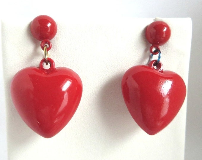 Vintage Heart Earrings - Dangling Red Heart Pierced Earrings, Lucite Studs, Perfect Gift, Gift Box