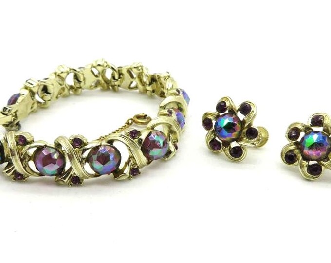 Vintage Watermelon Rhinestone Bracelet , Screw Back Earrings Set, Signed Longcraft Demi Parure