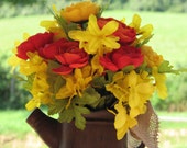 Rustic fall centerpiece Silk Floral Arrangement Red Yellow Orange Silk Flowers in Watering Can for Rustic Wedding or Fall Home Decor