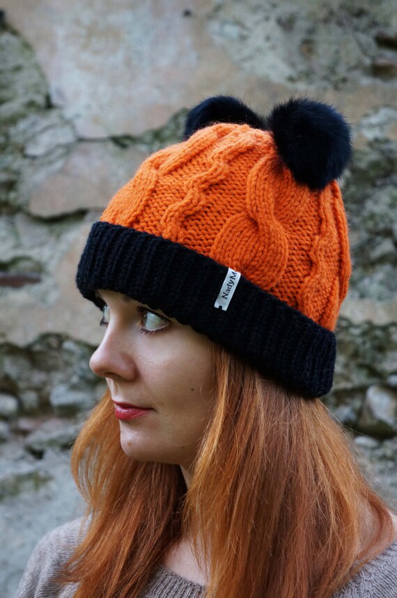 pom knit ears pom beanie hand beanie pom knit hat, pompom, Chunky order bear, hat, winter pom