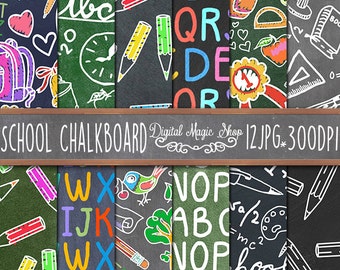 School Chalkboard Digital Papers Pack, Seamless pattern - 12pcs 300dpi (paper crafts, card making, scrapbooking) Commercial use