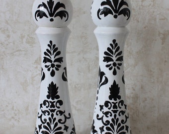 10 inch Set Hand painted Pepper Mill and salt Shaker OOAK DAMASK Black & white