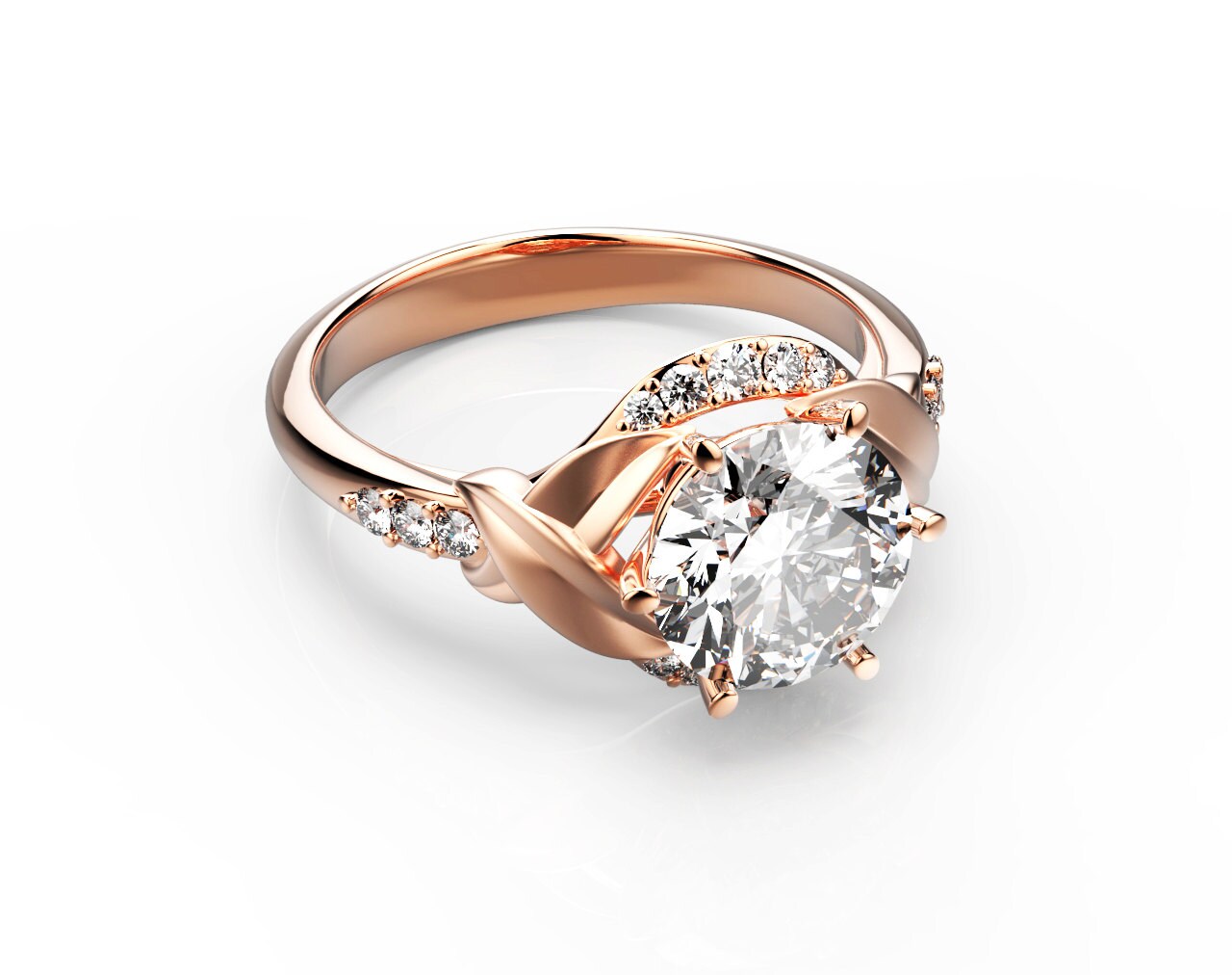 14K Rose Gold Moissanite Engagement Ring Leaf Engagement Ring