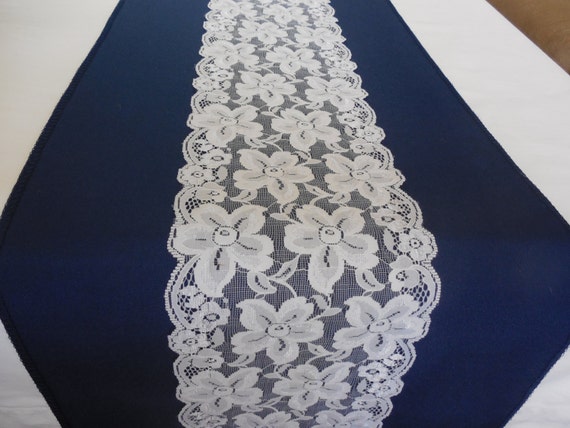 runner white blue and beach  white navy shower   bridal table blue lace and runner table Wedding