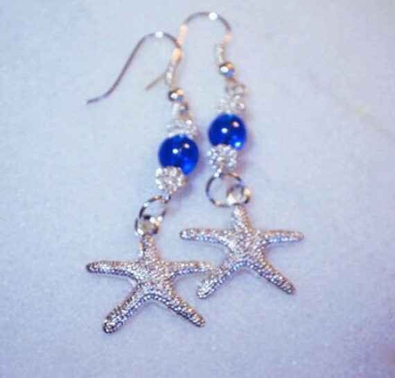 Blue Beaded Starfish Earrings Mermaid Jewelry Mermaid earrings Dangle
