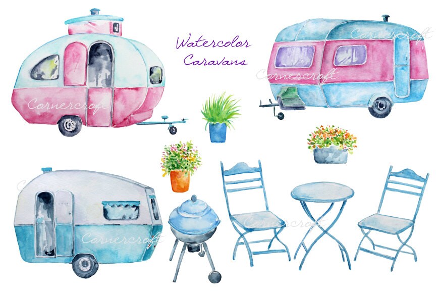 Watercolour blue caravan, pink caravan, barbeque printable instant ...