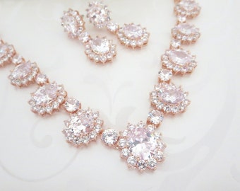 Rose Gold Wedding necklace, Rose Gold jewelry Set, Crystal Bridal necklace, Necklace set, Crystal Bridal earrings, Wedding jewelry