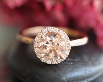 Rose Gold Morganite Ring Diamond Halo Engagement Ring in 14k Gold 7mm Pink Peach Morganie Wedding Ring (Bridal Wedding Set Available)