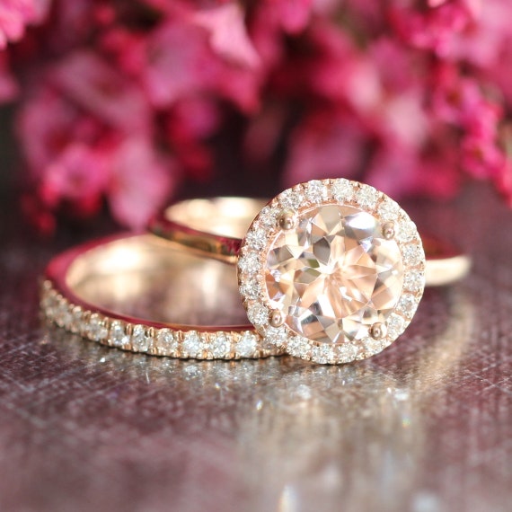 Pink Peach Morganite Engagement Ring Half Eternity Diamond
