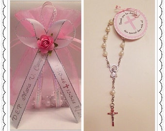 Favores de Rosario - 24 personalizada Mini rosarios blancos con rosa en Organza regalo bolsa de bautismo/Comunion Recuerdos de Bautizo