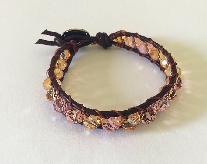 Leather bracelet, wrapping bracelet, crystal bracelet, leather wrap bracelet, beaded crystal bracelet, brown leather wrap bracelet