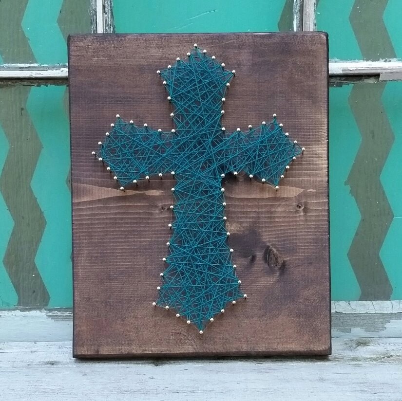 String Art Cross Cross Nail Art Custom String Art Jade Blue