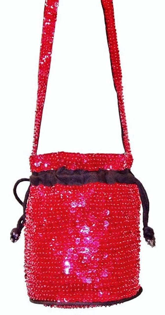 Sequin Beaded Drawstring Evening Bag Purse RED by SequinWorld