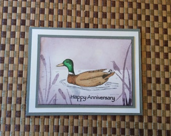 Handmade Greeting Card:  Happy Anniversary card with duck floating in water