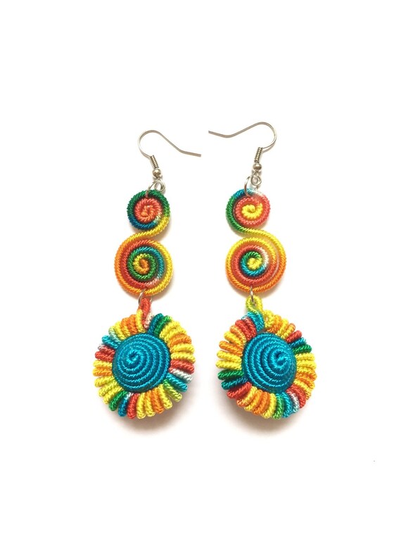 Items similar to MultiColored Silk Thread Earring Spiral Wire Wrapped EarringParty Earring on Etsy
