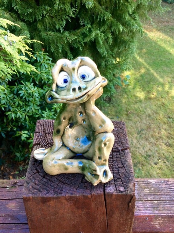 Frog handmade ceramic green frog garden ornament by Sallyamoss