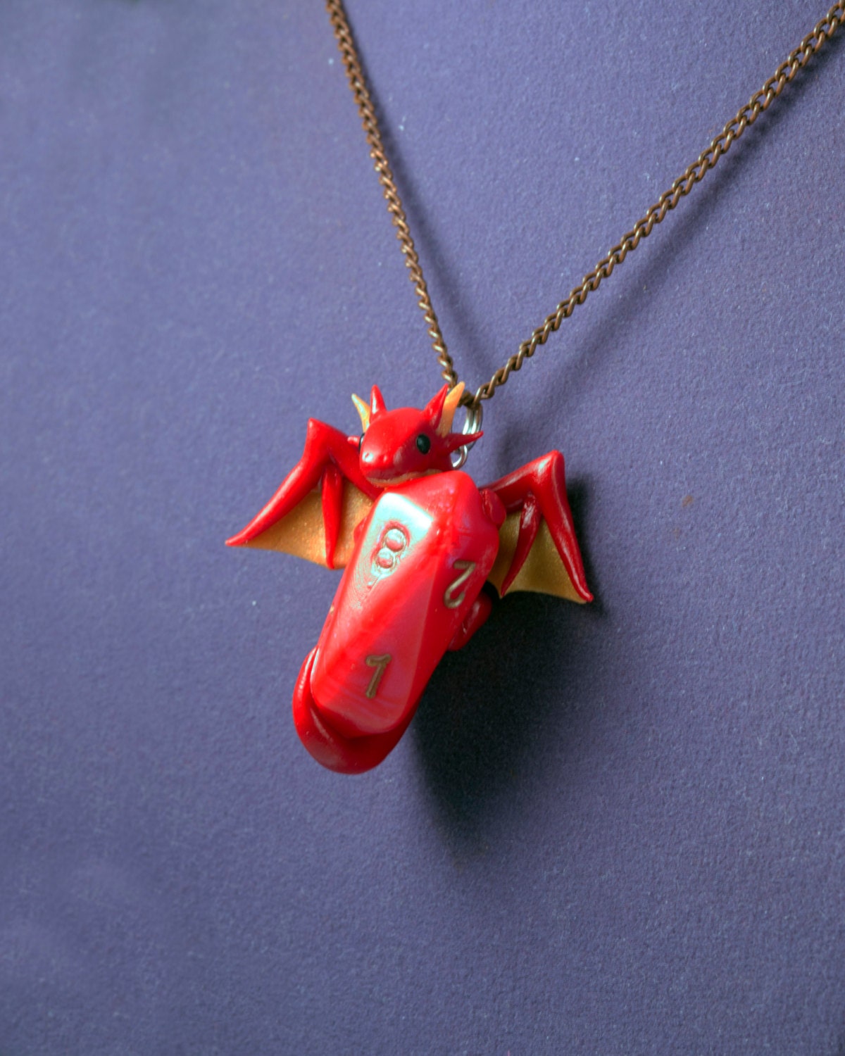 Red Dragon Dice Holder Necklace with Gold Details Polymer