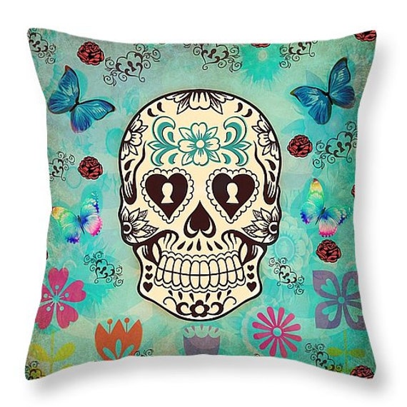 Sugar Skull Pillow Throw Pillows Teal Grunge