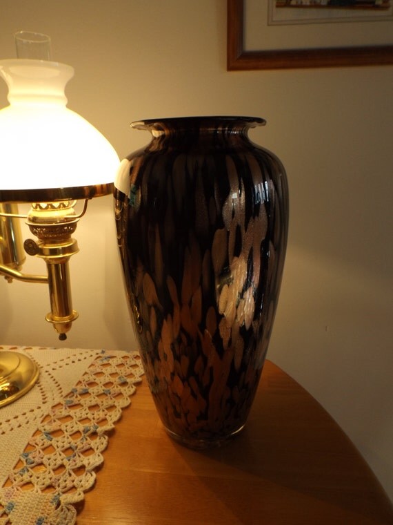 Vintage Murano Glass Vase Black Copper Gold Tall Vase