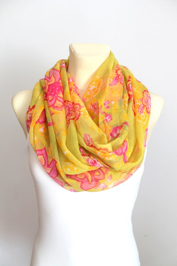Gift For Women Birthday Gift Anniversary Gifts Wedding Silk Infinity Scarf Chiffon Floral Scarf Yellow Scarfs Summer Outdoors Summer Party