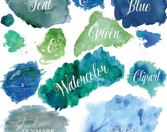 Blue & Green Watercolor Clipart - Teal Watercolor Clip Art - PNG Watercolor Shapes / Splatters / Blobs / Textures Instant Download