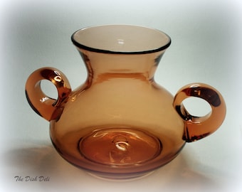 Hand Blown Glass Urn Vase Amber Orange Peach Mid Century Vintage