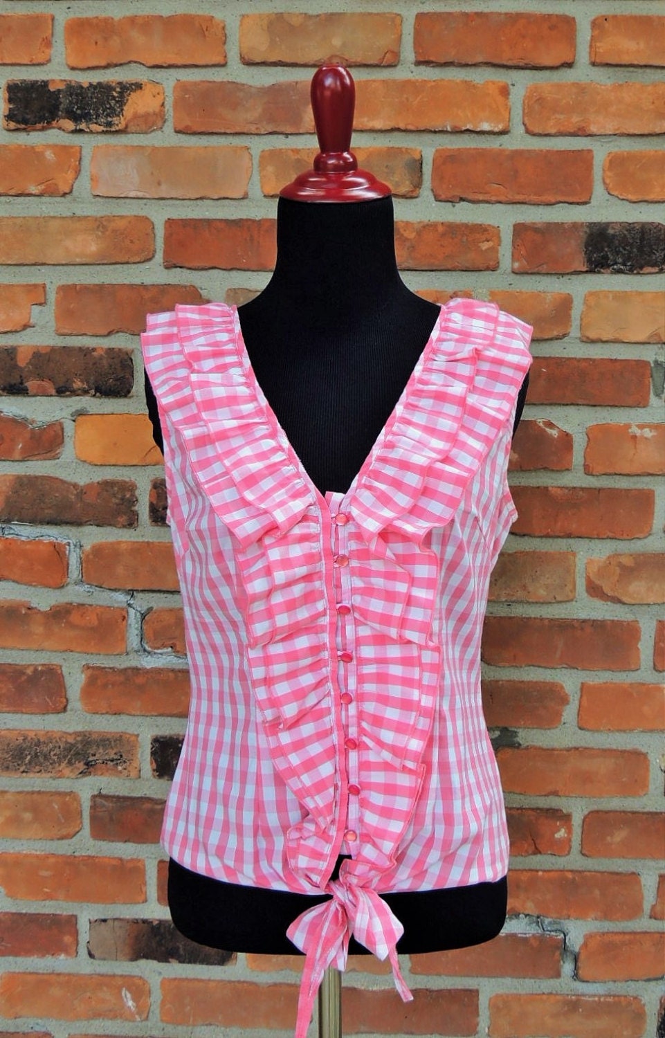 Vintage Gingham Shirt/Pink & White Ruffled Blouse/Summer Pink Checkered ...