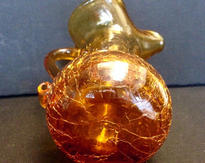 Storewide 25% Off SALE Vintage Blenko Inspired Amber Crackle Glass Petite Handled Serving Pitcher Featuring Folded Pouring Spout With Bubble
