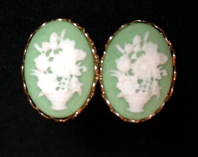 Storewide 25% Off SALE Vintage Hillspride Designer Signed Cameo Style Floral Pierced Earrings Featuring Jade Green Base With Cream Centerpie