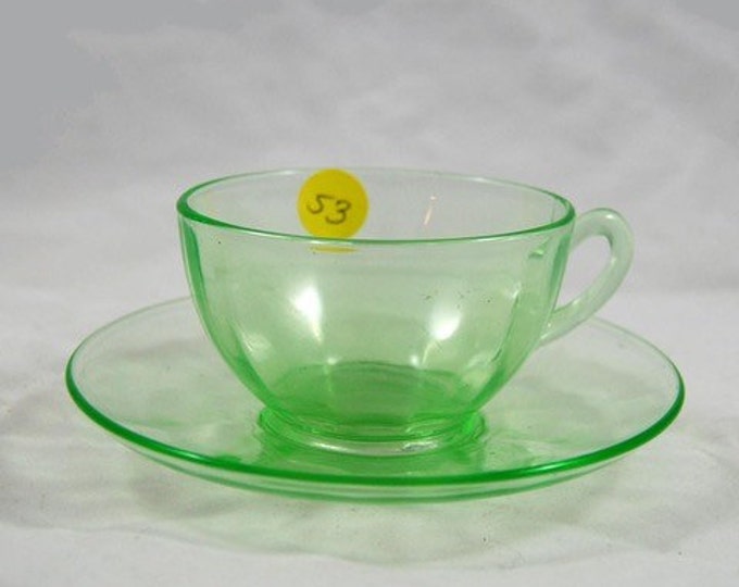 Storewide 25% Off SALE Vintage Atomic Green Depression Ware Teacup With Matching Saucer Featuring Wonderful Lightly Tinted Fluorescent Green