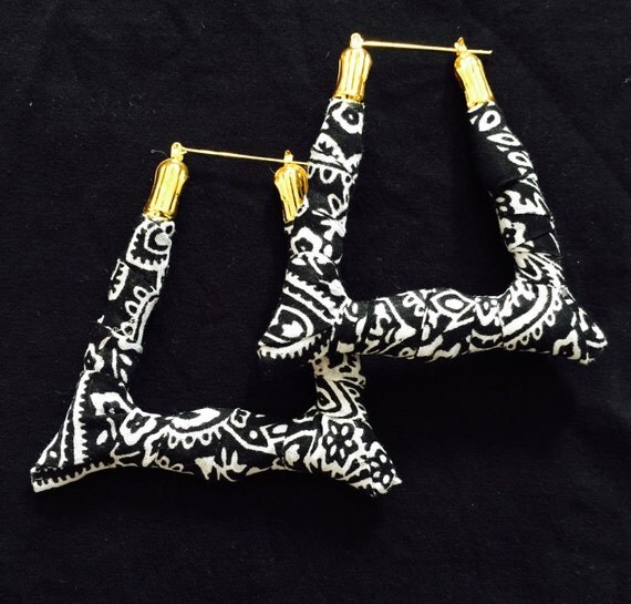 3 inch triangle bamboo bandanna wrapped doorknocker earrings