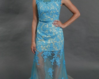 Sheer lace satin belt see through bottom ocean blue evening prom dress, bridesmaid dress